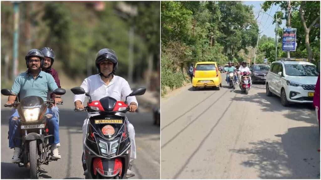 (भीमताल) बिना काफिले स्कूटी चलाकर जनता के बीच पहुंचे मंत्री राम सिंह कैड़ा