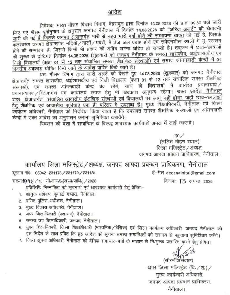 नैनीताल में भारी बारिश का अलर्ट, 14 अगस्त को स्कूल और आंगनबाड़ी केंद्र बंद