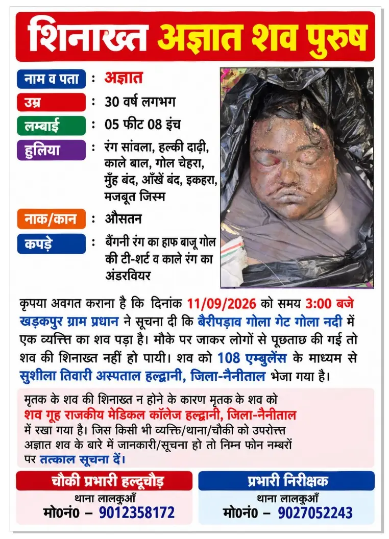 लालकुआं के बेरी पड़ाव गोला नदी से अज्ञात युवक का शव बरामद