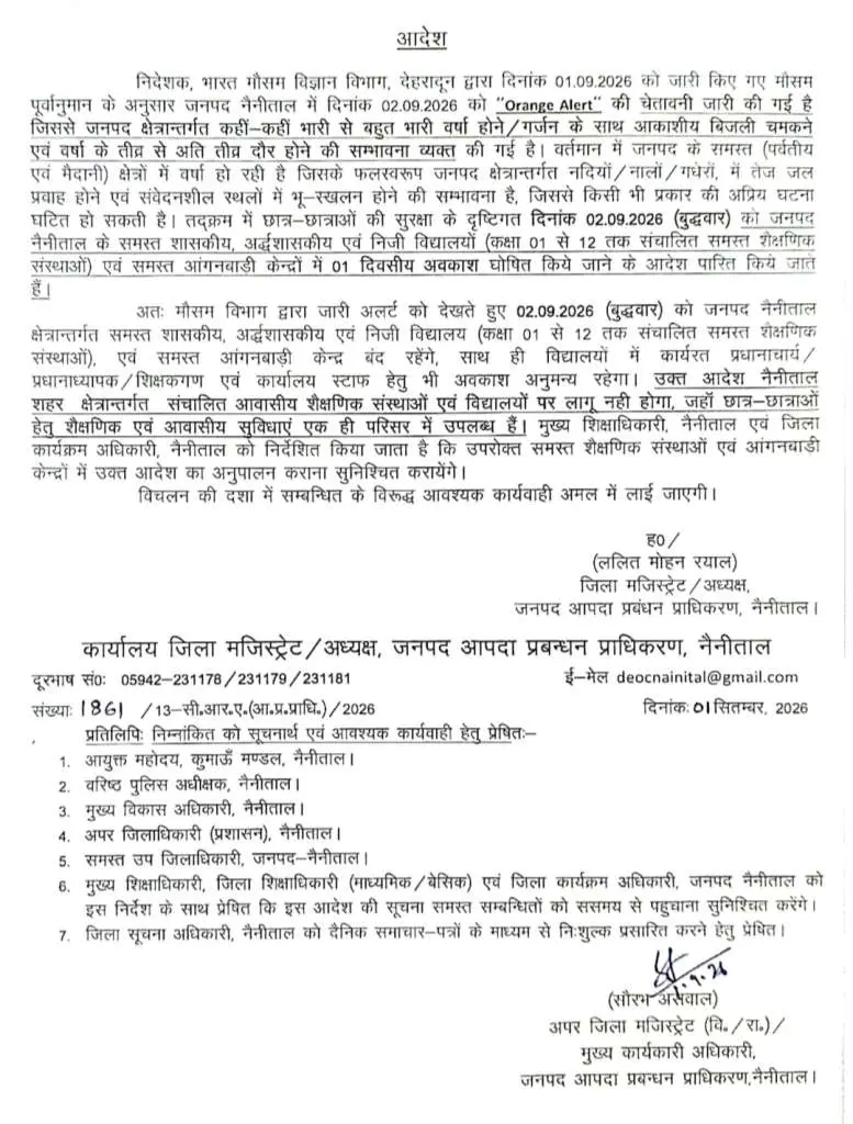 नैनीताल: भारी बारिश के ऑरेंज अलर्ट के चलते 2 सितंबर को जिले के सभी  स्कूल और आंगनबाड़ी केंद्र बंद